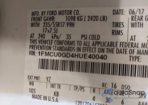 2017 Ford Escape Se from USA, damaged, VIN 1FMCU0GD4HUE40040